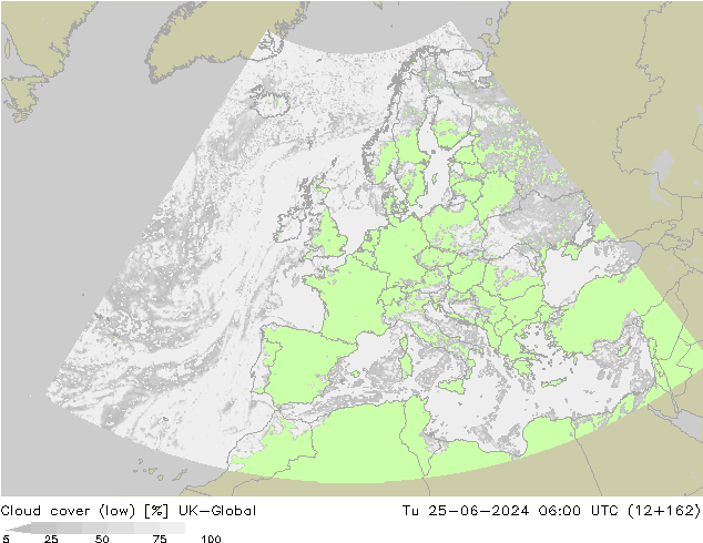 Cloud cover (low) UK-Global Tu 25.06.2024 06 UTC