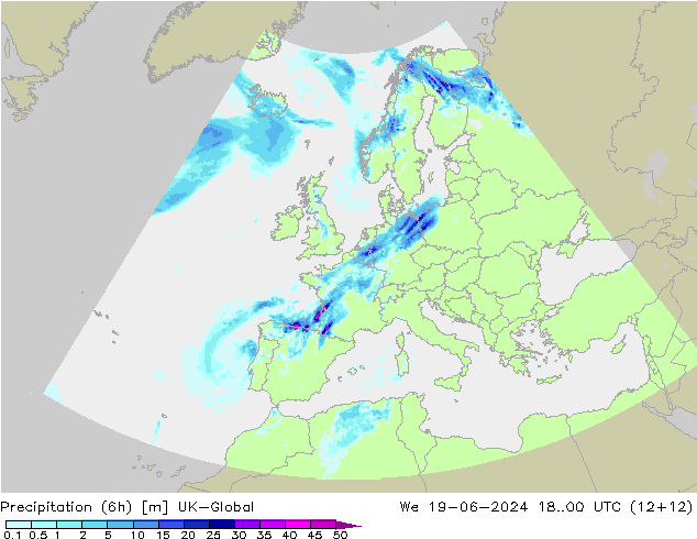 Precipitazione (6h) UK-Global mer 19.06.2024 00 UTC
