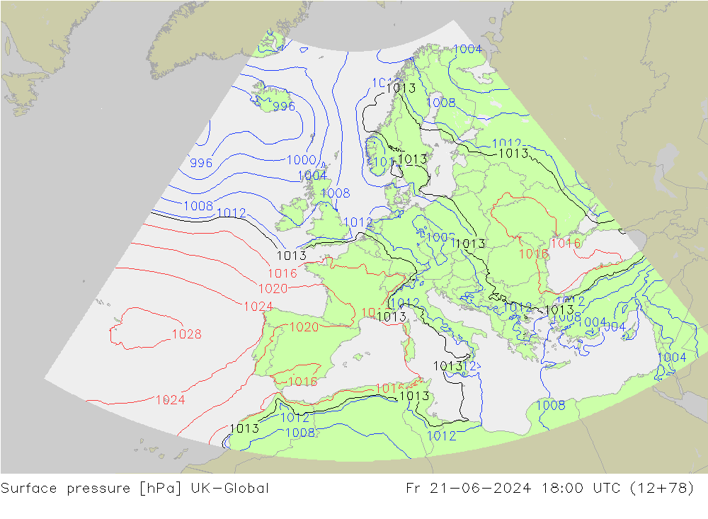 Presión superficial UK-Global vie 21.06.2024 18 UTC