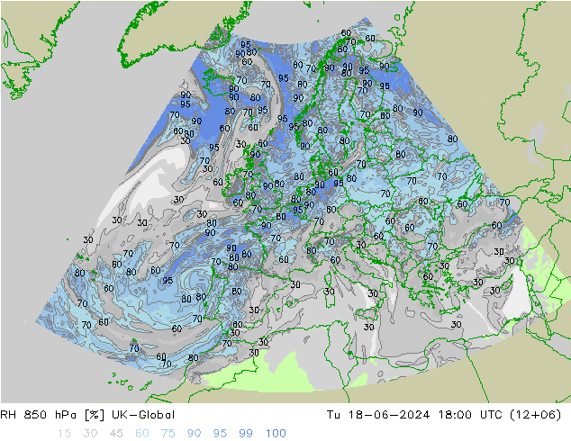 RH 850 hPa UK-Global Tu 18.06.2024 18 UTC