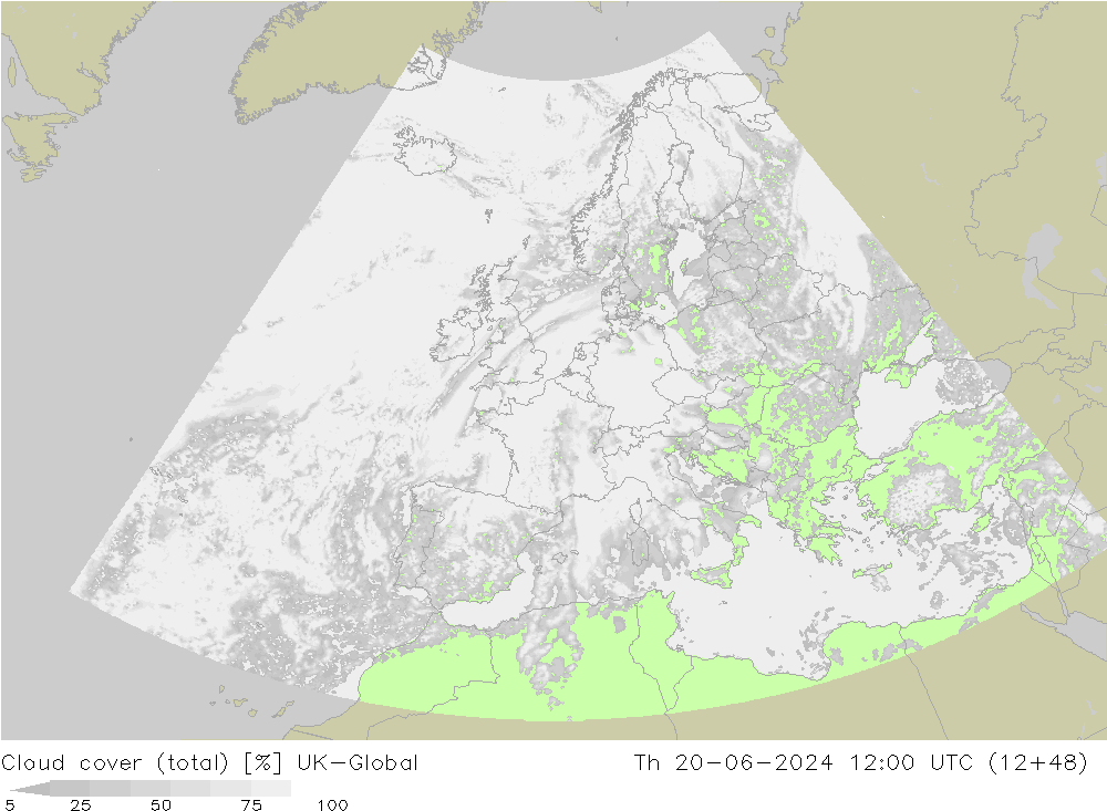 Bewolking (Totaal) UK-Global do 20.06.2024 12 UTC
