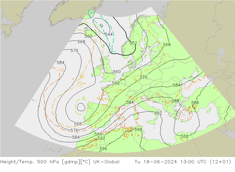 Height/Temp. 500 hPa UK-Global Tu 18.06.2024 13 UTC