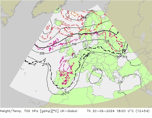 Height/Temp. 700 hPa UK-Global Th 20.06.2024 18 UTC