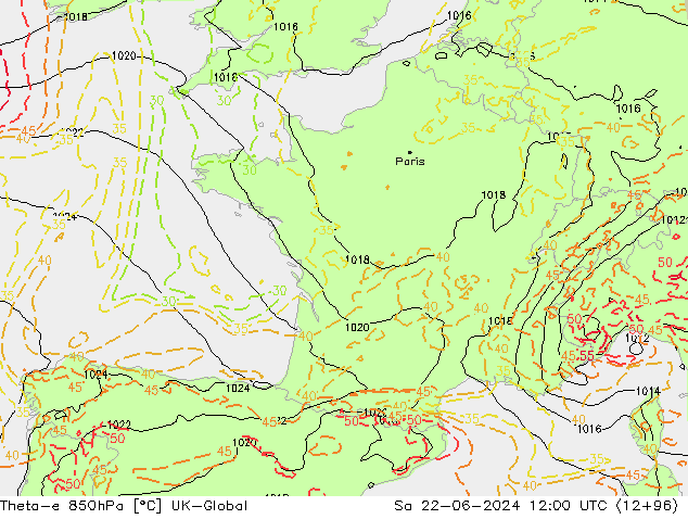 Theta-e 850hPa UK-Global za 22.06.2024 12 UTC
