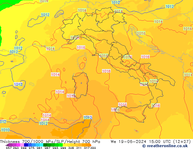 700-1000 hPa Kalınlığı UK-Global Çar 19.06.2024 15 UTC