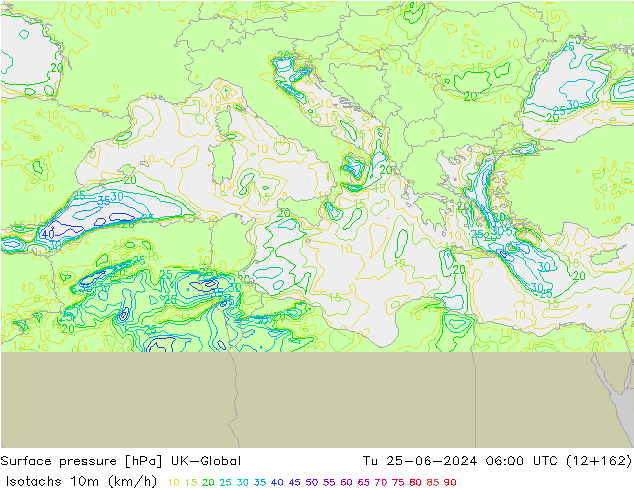 Isotachs (kph) UK-Global Tu 25.06.2024 06 UTC