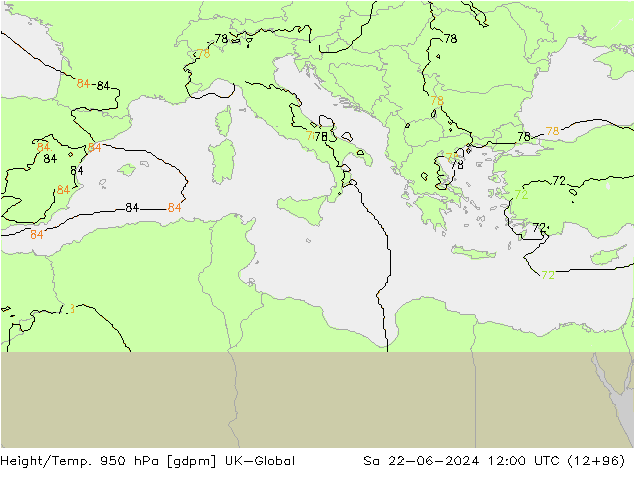 Géop./Temp. 950 hPa UK-Global sam 22.06.2024 12 UTC
