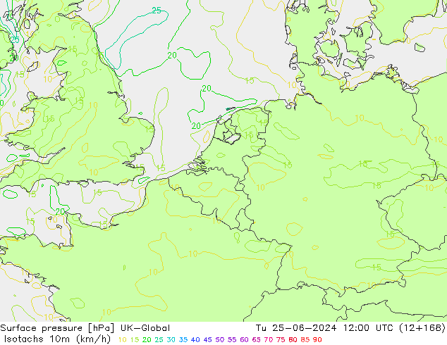 Isotachs (kph) UK-Global вт 25.06.2024 12 UTC