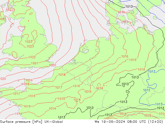 Luchtdruk (Grond) UK-Global wo 19.06.2024 08 UTC