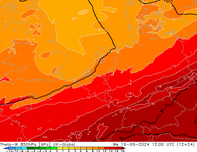Theta-W 850hPa UK-Global 星期三 19.06.2024 12 UTC