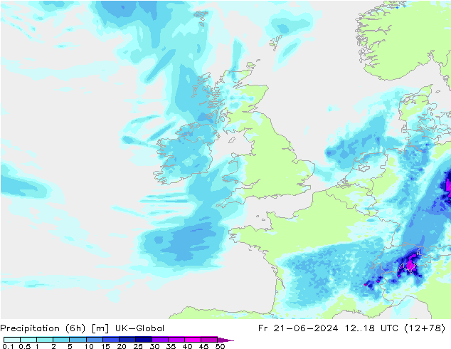 Precipitación (6h) UK-Global vie 21.06.2024 18 UTC