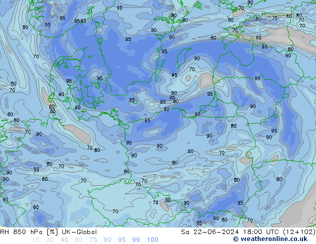 Humedad rel. 850hPa UK-Global sáb 22.06.2024 18 UTC