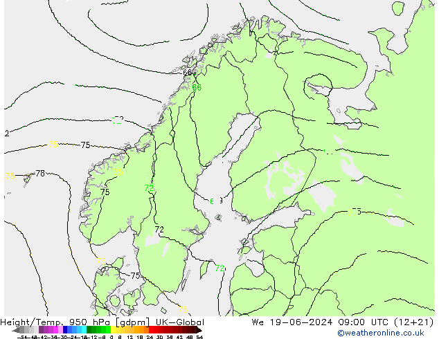 Height/Temp. 950 hPa UK-Global śro. 19.06.2024 09 UTC