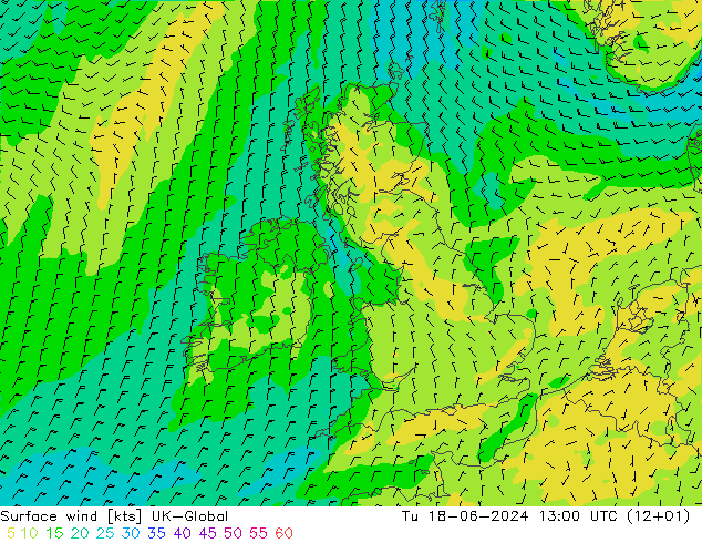 Surface wind UK-Global Tu 18.06.2024 13 UTC