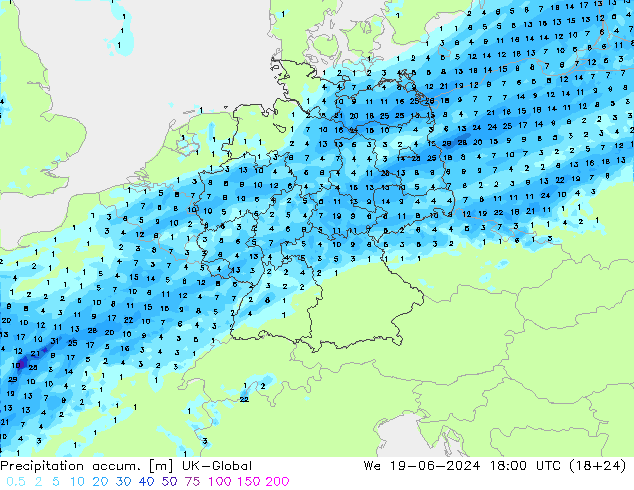 Precipitation accum. UK-Global śro. 19.06.2024 18 UTC