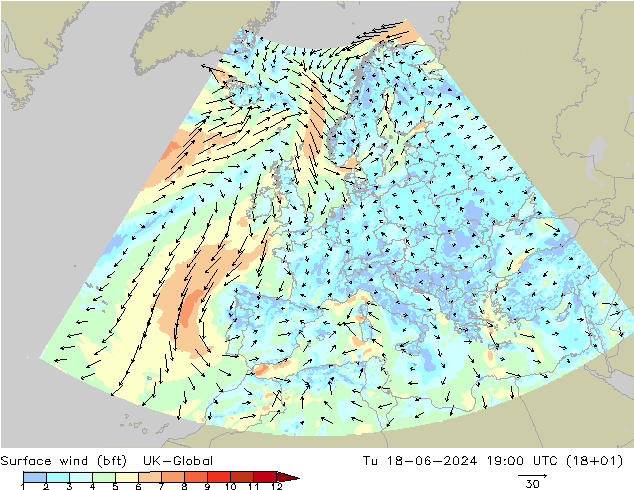 Vento 10 m (bft) UK-Global Ter 18.06.2024 19 UTC