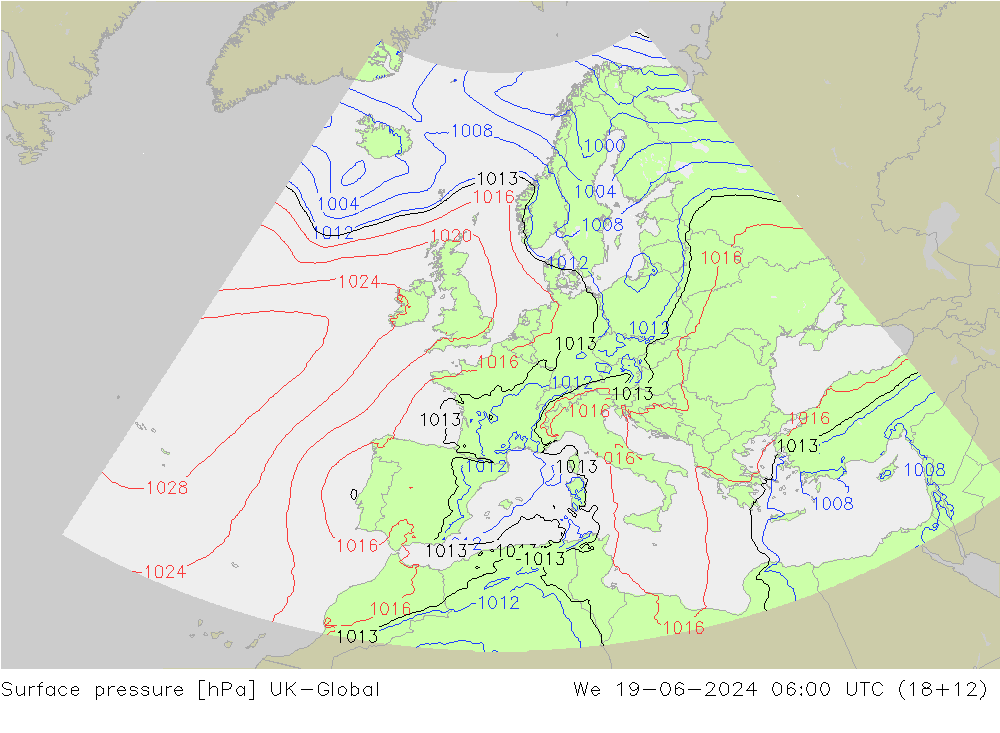 Surface pressure UK-Global We 19.06.2024 06 UTC