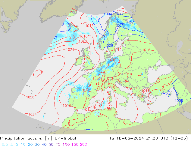 Precipitation accum. UK-Global Tu 18.06.2024 21 UTC