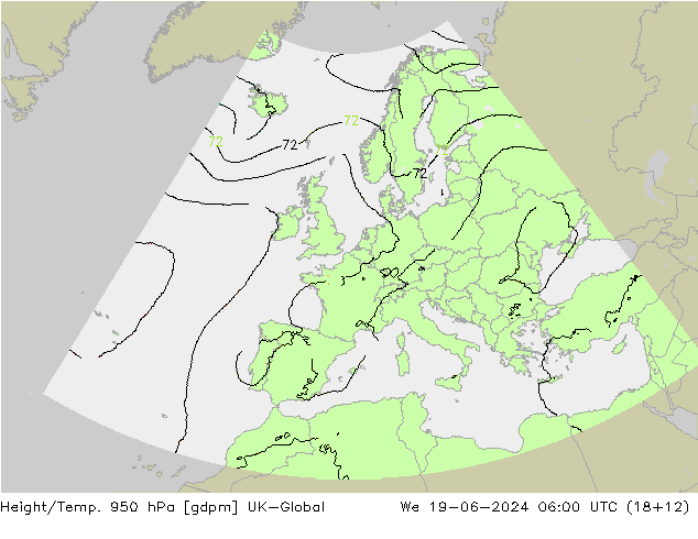 Height/Temp. 950 hPa UK-Global Mi 19.06.2024 06 UTC