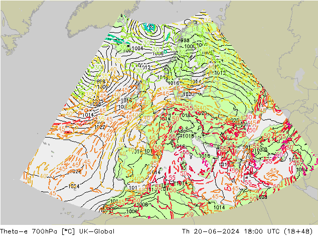 Theta-e 700hPa UK-Global Do 20.06.2024 18 UTC