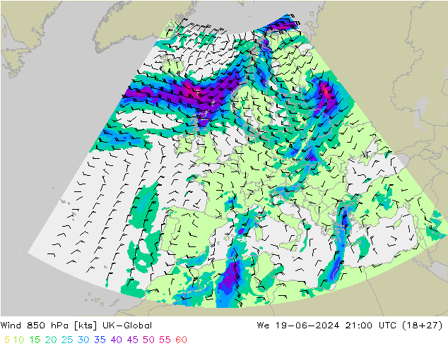 Wind 850 hPa UK-Global We 19.06.2024 21 UTC