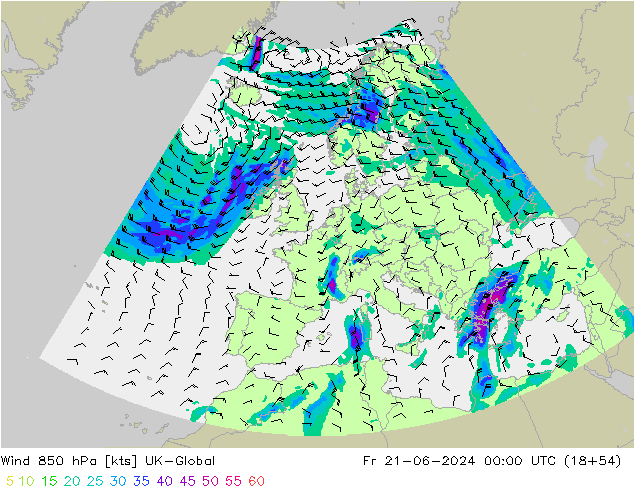 Wind 850 hPa UK-Global Fr 21.06.2024 00 UTC