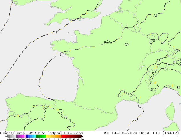 Height/Temp. 950 hPa UK-Global St 19.06.2024 06 UTC