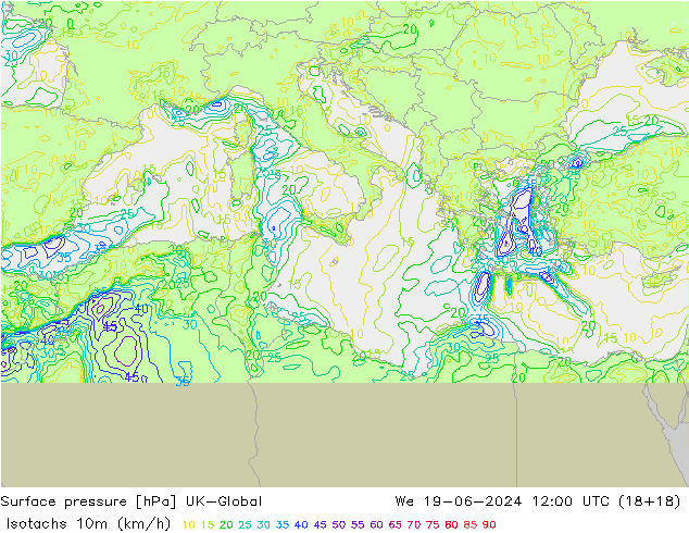 Izotacha (km/godz) UK-Global śro. 19.06.2024 12 UTC