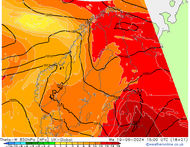 Theta-W 850hPa UK-Global śro. 19.06.2024 15 UTC