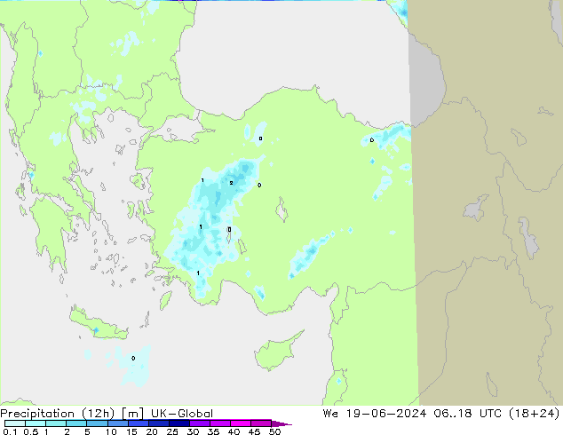 Precipitation (12h) UK-Global We 19.06.2024 18 UTC