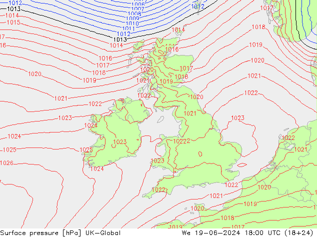 Presión superficial UK-Global mié 19.06.2024 18 UTC