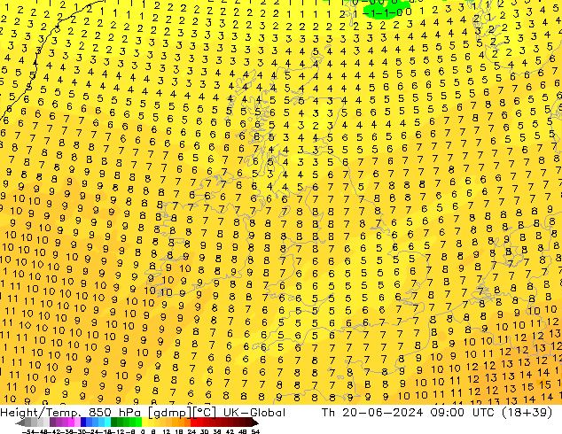 Height/Temp. 850 hPa UK-Global Čt 20.06.2024 09 UTC