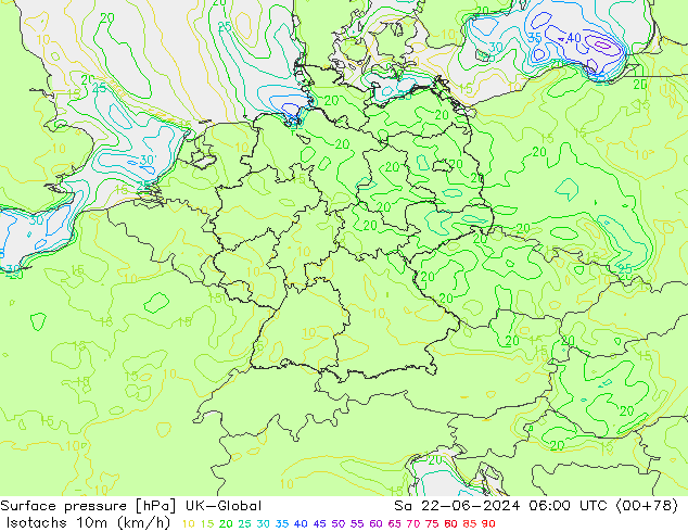 Isotachs (kph) UK-Global Sa 22.06.2024 06 UTC