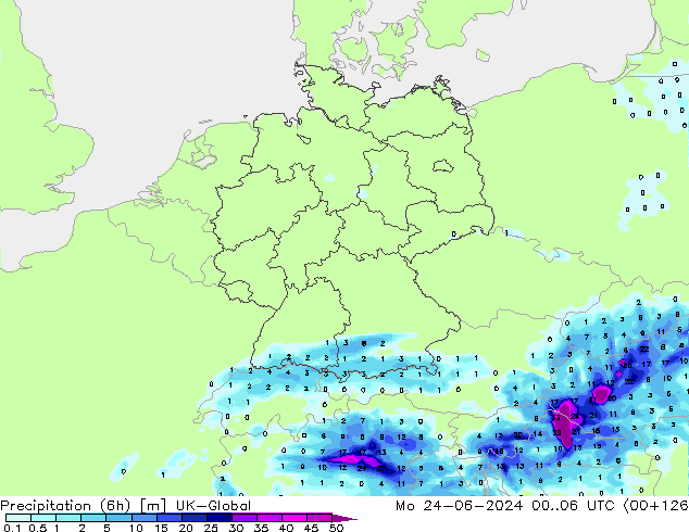 Precipitation (6h) UK-Global Mo 24.06.2024 06 UTC