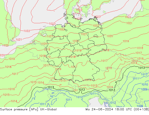 Surface pressure UK-Global Mo 24.06.2024 18 UTC