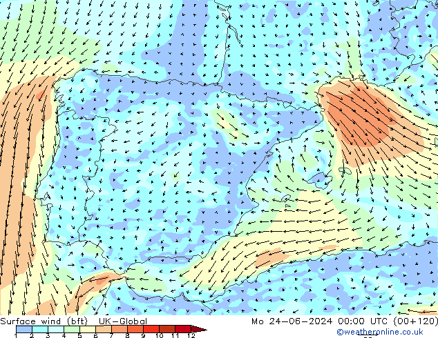 Wind 10 m (bft) UK-Global ma 24.06.2024 00 UTC