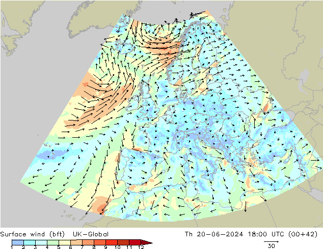 Surface wind (bft) UK-Global Th 20.06.2024 18 UTC