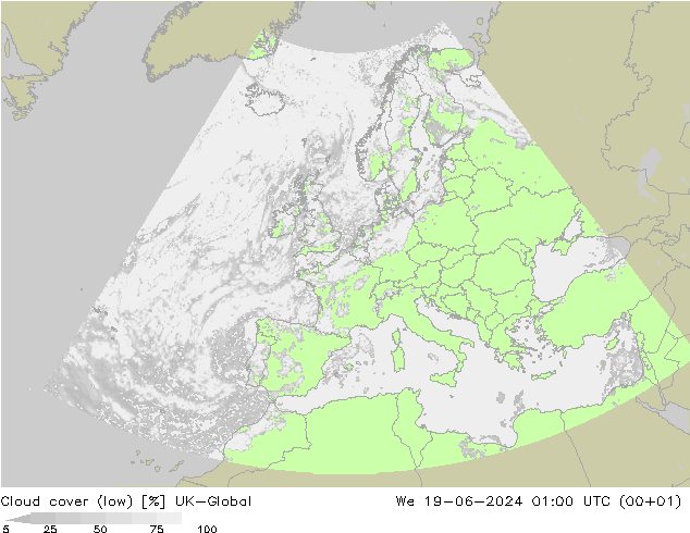 Cloud cover (low) UK-Global We 19.06.2024 01 UTC