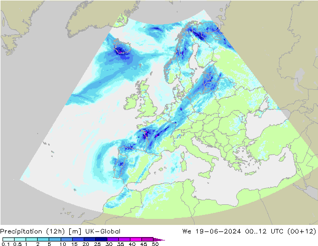 Precipitación (12h) UK-Global mié 19.06.2024 12 UTC