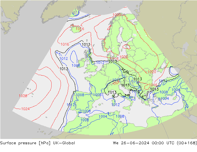 Pressione al suolo UK-Global mer 26.06.2024 00 UTC