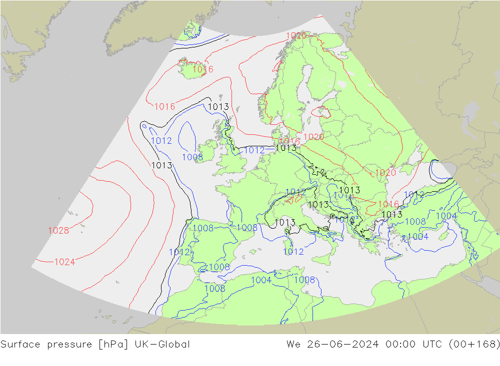 Pressione al suolo UK-Global mer 26.06.2024 00 UTC