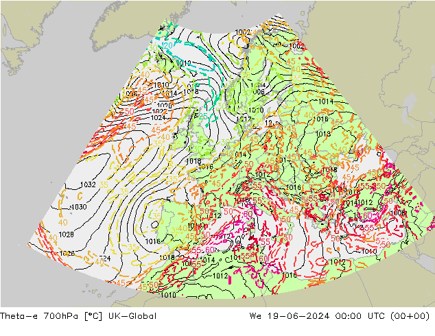 Theta-e 700hPa UK-Global Çar 19.06.2024 00 UTC