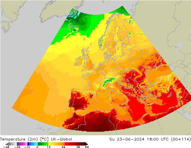 Temperature (2m) UK-Global Su 23.06.2024 18 UTC