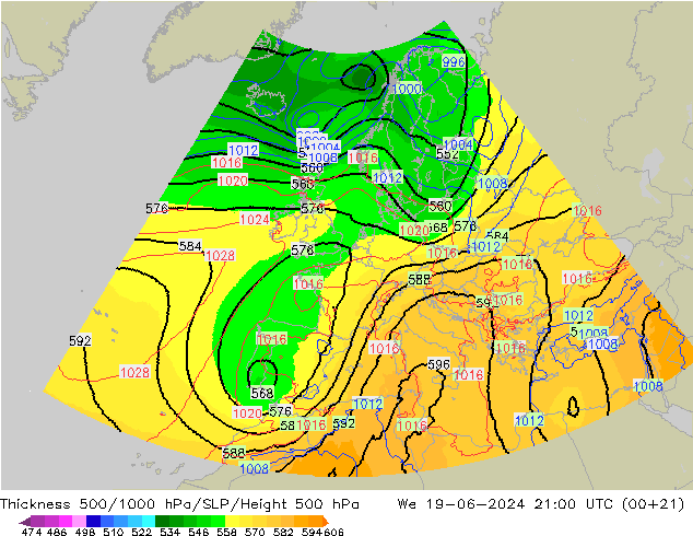 Espesor 500-1000 hPa UK-Global mié 19.06.2024 21 UTC