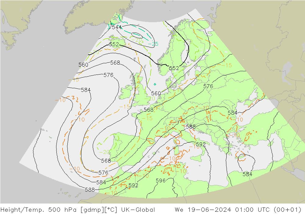 Height/Temp. 500 hPa UK-Global We 19.06.2024 01 UTC