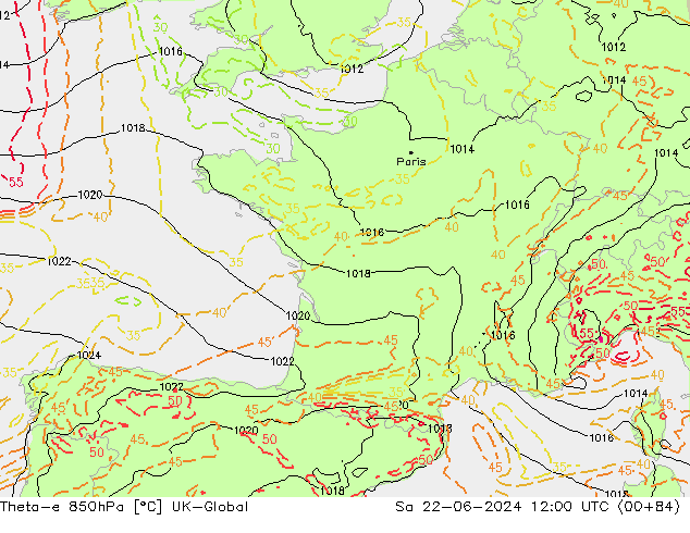 Theta-e 850hPa UK-Global Sa 22.06.2024 12 UTC