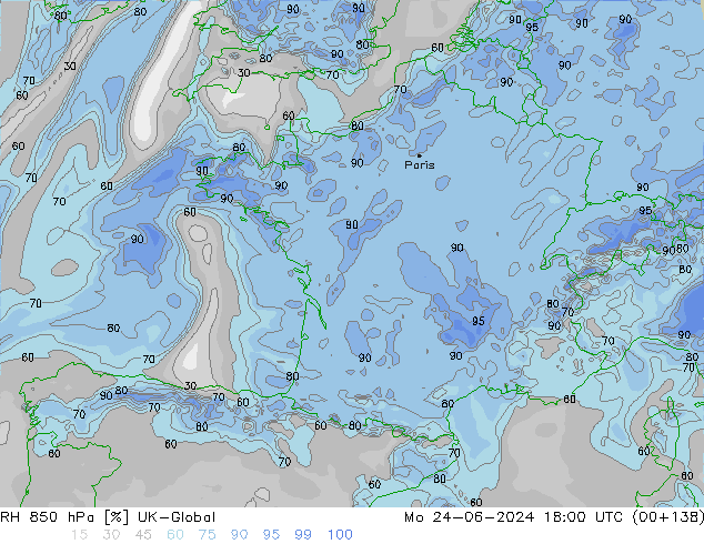 RH 850 hPa UK-Global Mo 24.06.2024 18 UTC