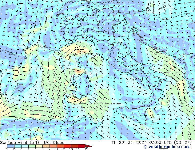 Rüzgar 10 m (bft) UK-Global Per 20.06.2024 03 UTC