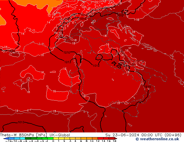 Theta-W 850hPa UK-Global Ne 23.06.2024 00 UTC