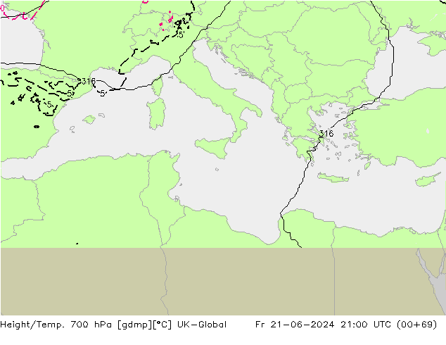 Height/Temp. 700 hPa UK-Global pt. 21.06.2024 21 UTC